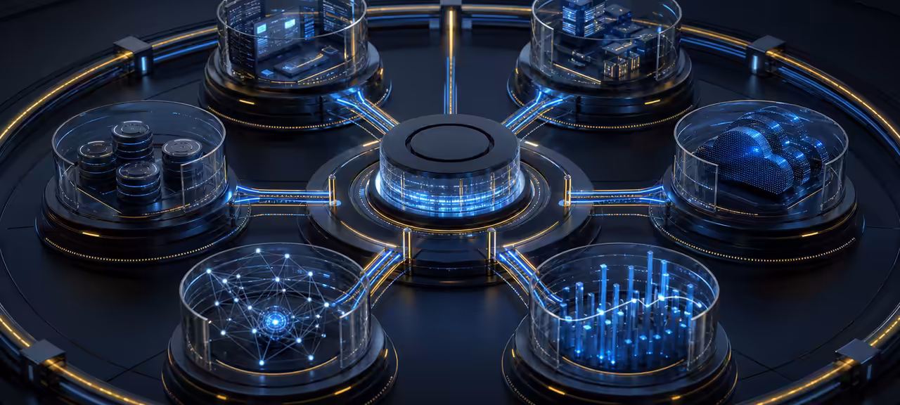 Connected digital systems linked through a central operating architecture, representing Blackstone Digital’s integrated technology approach.
