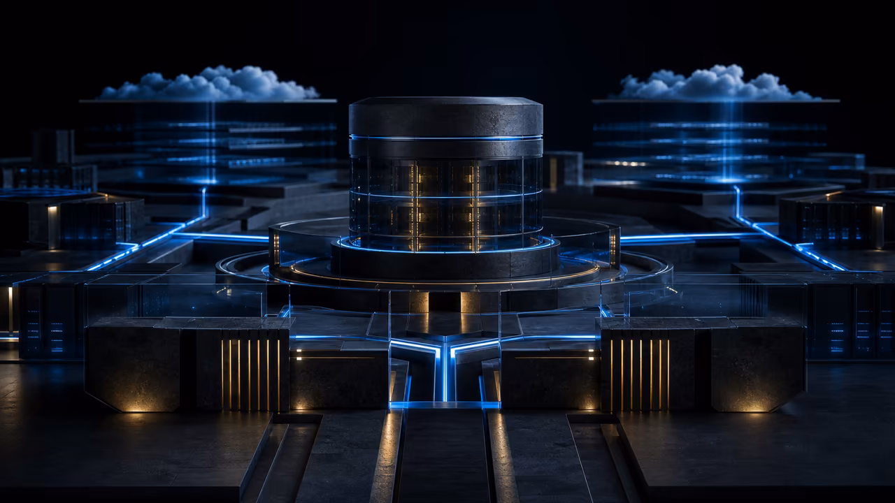 Conceptual secure digital architecture with a protected central data core connected to cloud, application and access-control layers.