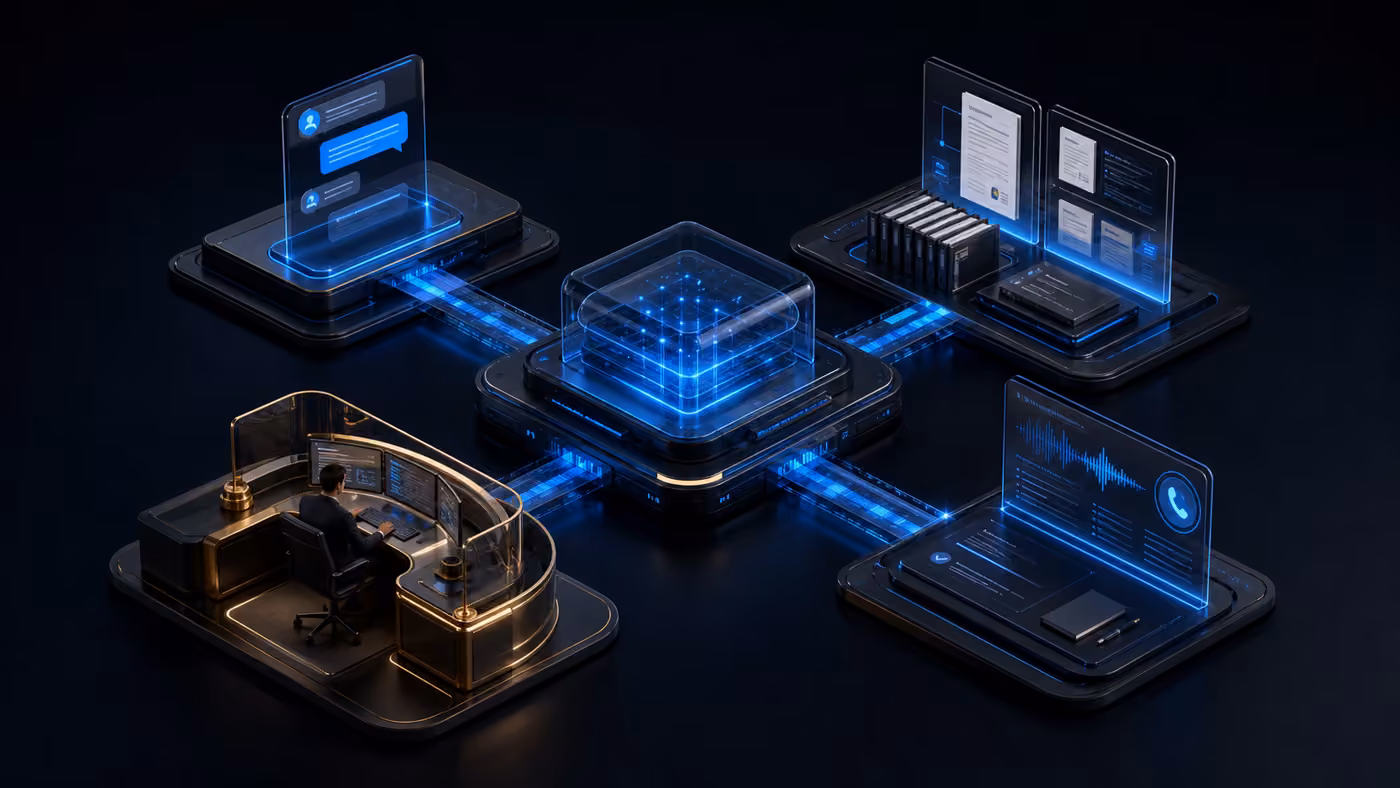 Isometric AI assistance system connecting customer questions, approved knowledge, human review and voice follow-up