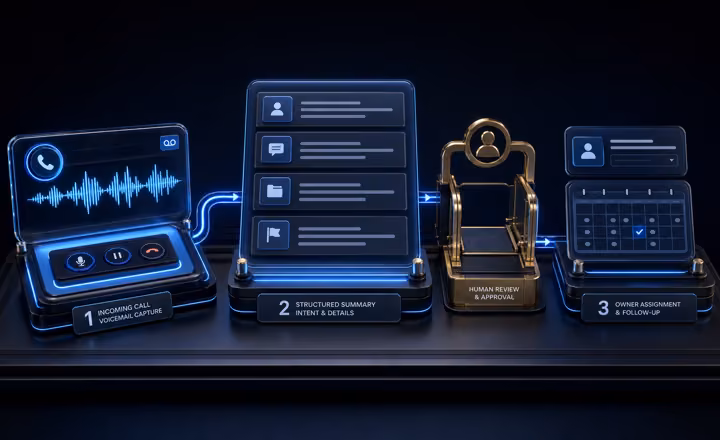 Voice workflow connecting an incoming call, structured summary, human review and owned follow-up