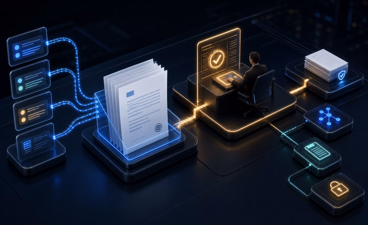 Document automation screen with prepared PDF, approval gate and audit status