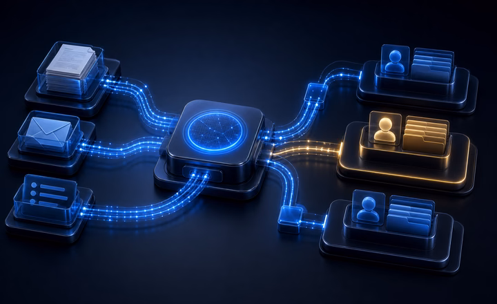 Automation intake and routing interface with request cards, owner lanes and routing rules
