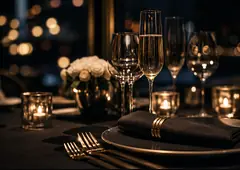Fine dining table with champagne for private dinner reservation