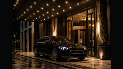 Luxury black sedan at hotel entrance for private transfer service