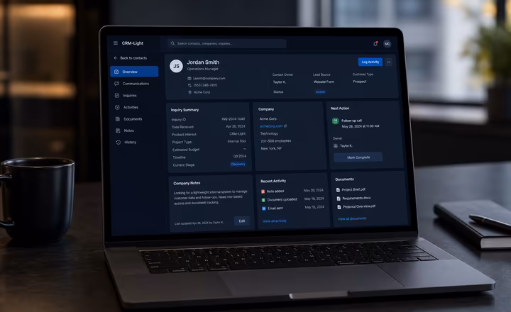 CRM-Light contact record screen with inquiry source, owner, next action, notes, documents and customer status