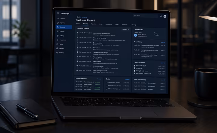 CRM-Light customer history screen with interaction timeline, documents, notes, tasks, owner changes and quote decision log