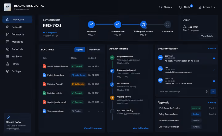 Customer portal document and status screen with uploads, review states, secure messages, approvals and downloadable file cards
