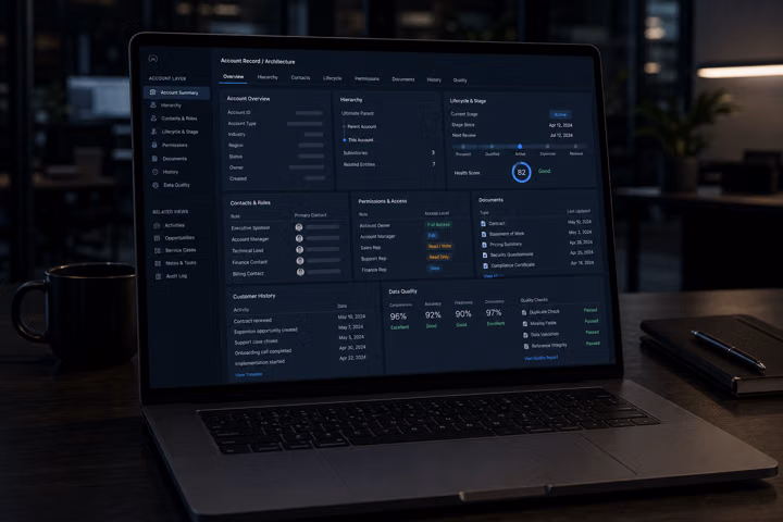 Enterprise CRM customer data layer with account records, contact roles, documents, ownership and lifecycle context