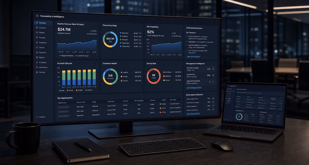 Space Black MacBook Pro showing an enterprise CRM dashboard with accounts, lifecycle stages, service history, management signals and reviewed AI assistance