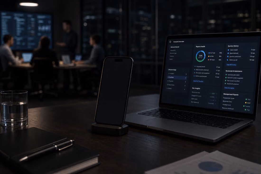 Premium enterprise operations desk with phone, CRM dashboard and team collaboration context for a mobile CRM system