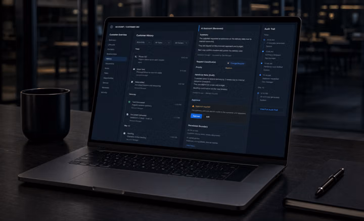Enterprise CRM reviewed AI assistance view with customer history, service notes, approval status and governance controls