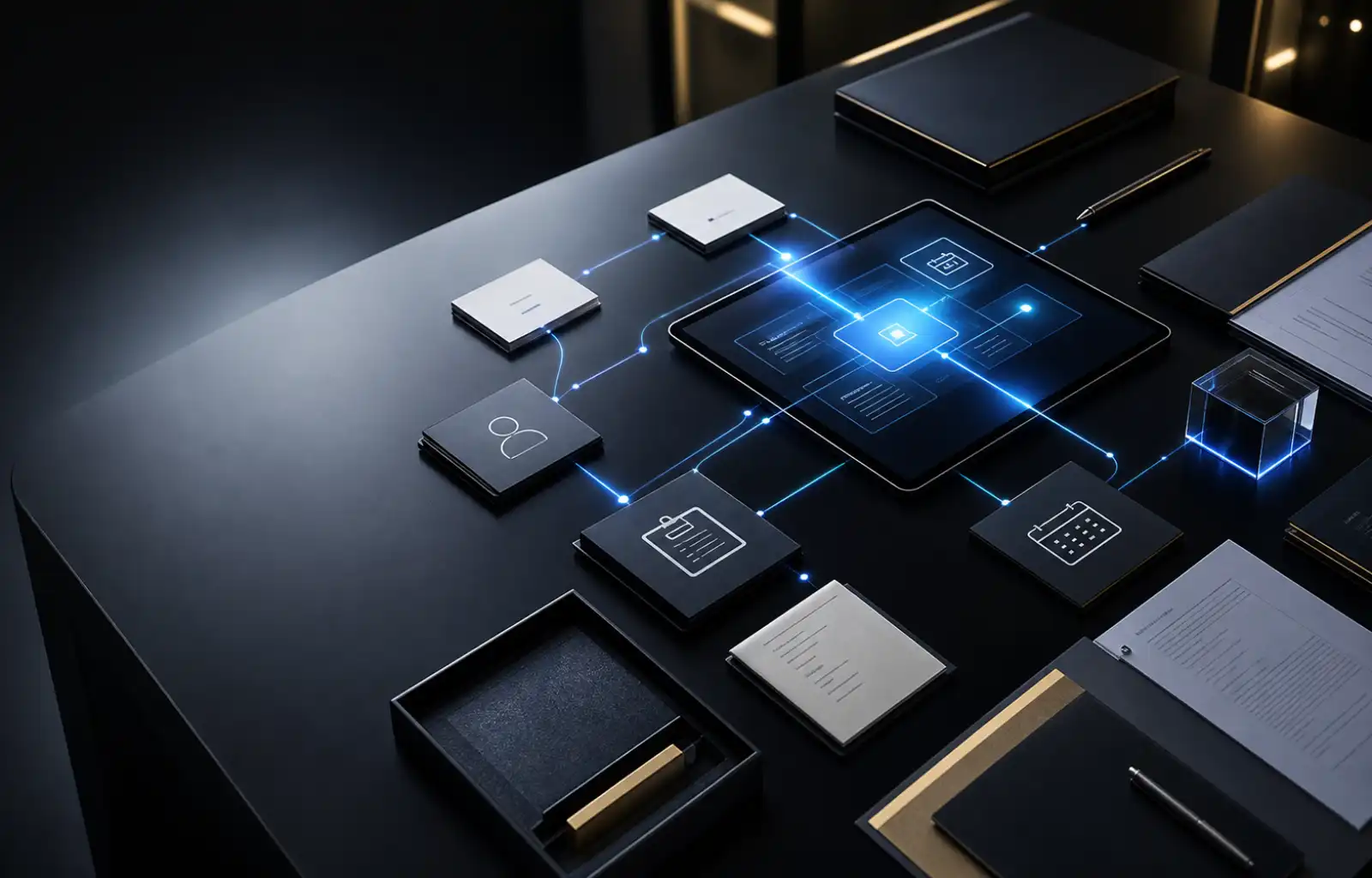 Executive operations table with connected workflow cards and a digital system interface.