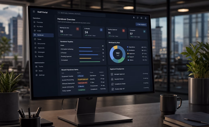 Internal operations dashboard showing handover status, document control, approval checkpoints, workload by role and pending review items