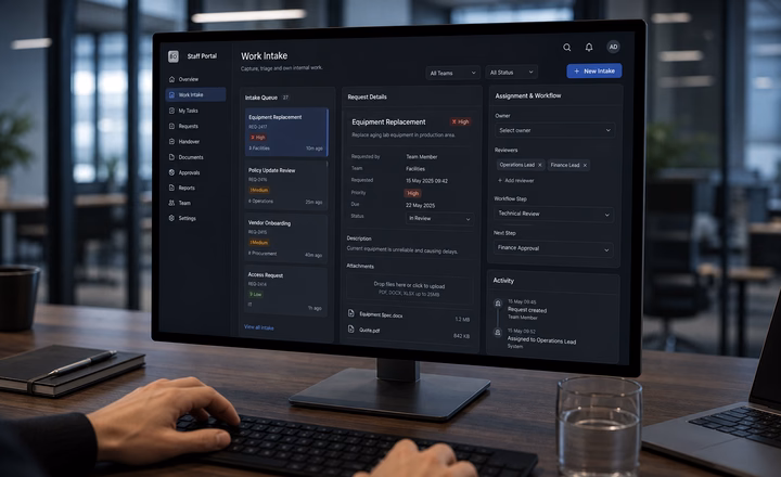 Internal staff portal work intake screen with request queue, ownership fields, document upload area, status and workflow assignment controls