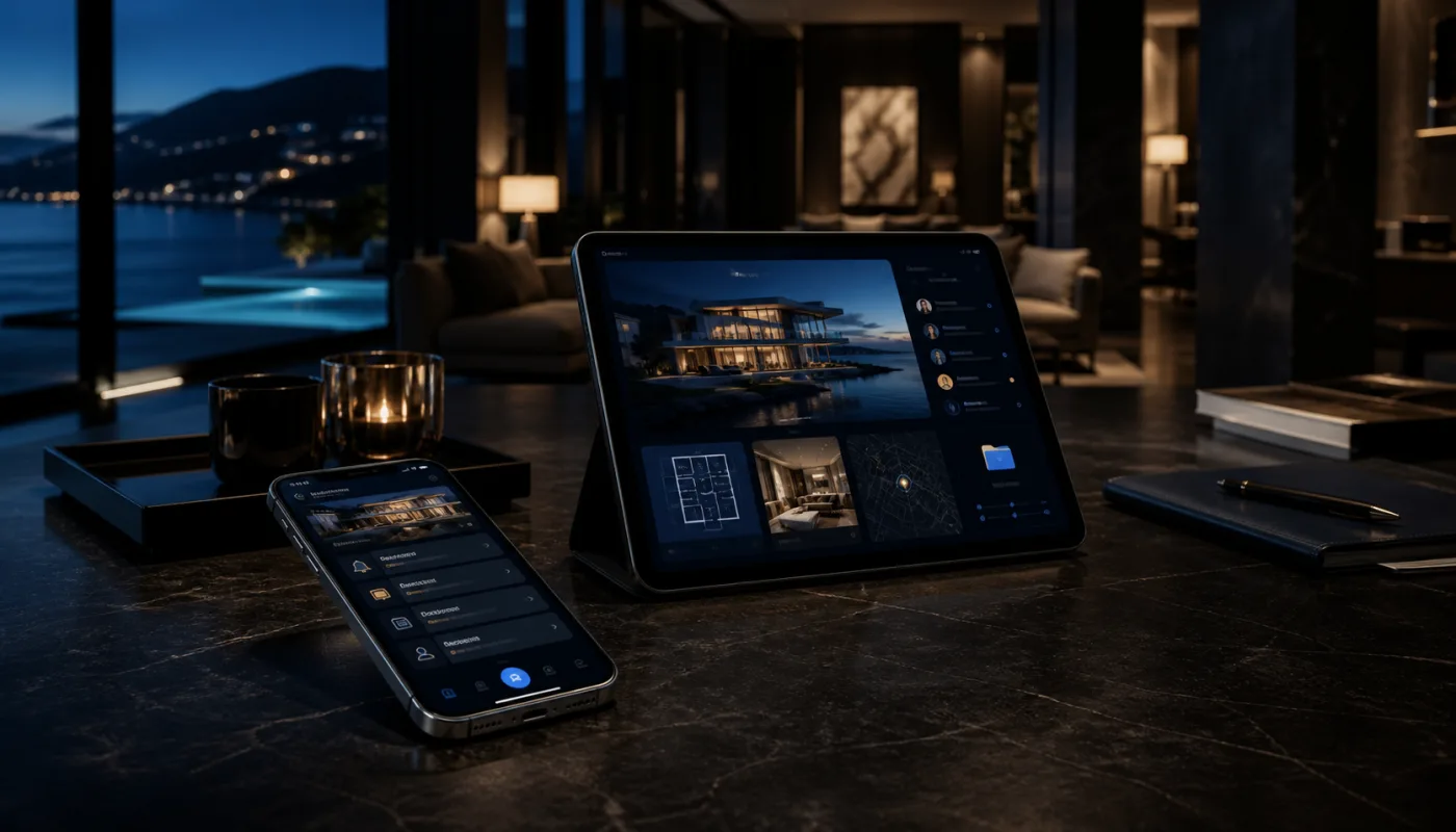 Symbolic premium iPhone and iPad surfaces in a private luxury real estate briefing room for buyer follow-up and property review
