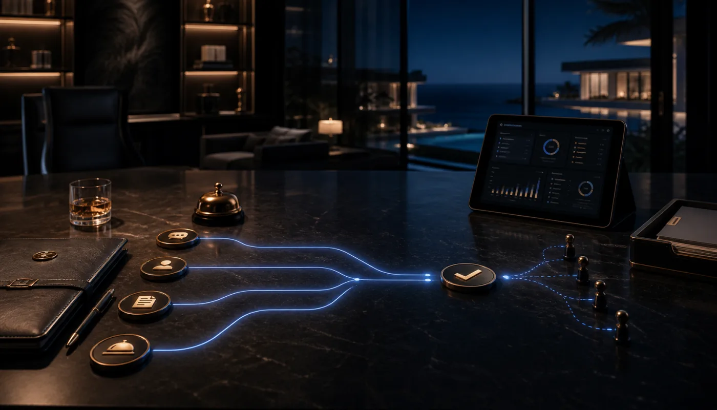 Symbolic luxury real estate operations workflow where documents, approvals, concierge requests and ownership markers converge into one controlled flow