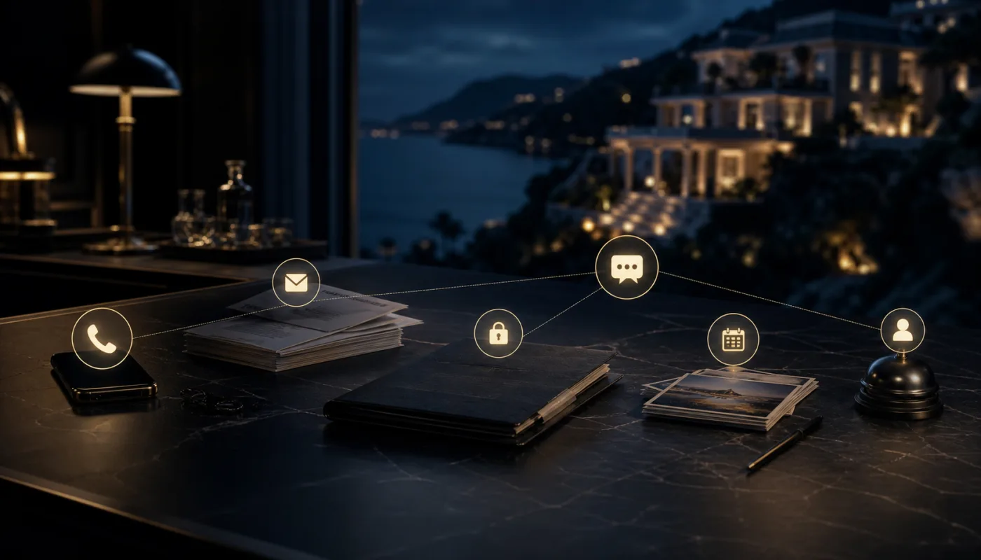 Symbolic luxury real estate advisory table showing fragmented calls, documents, messages, viewing changes and concierge signals