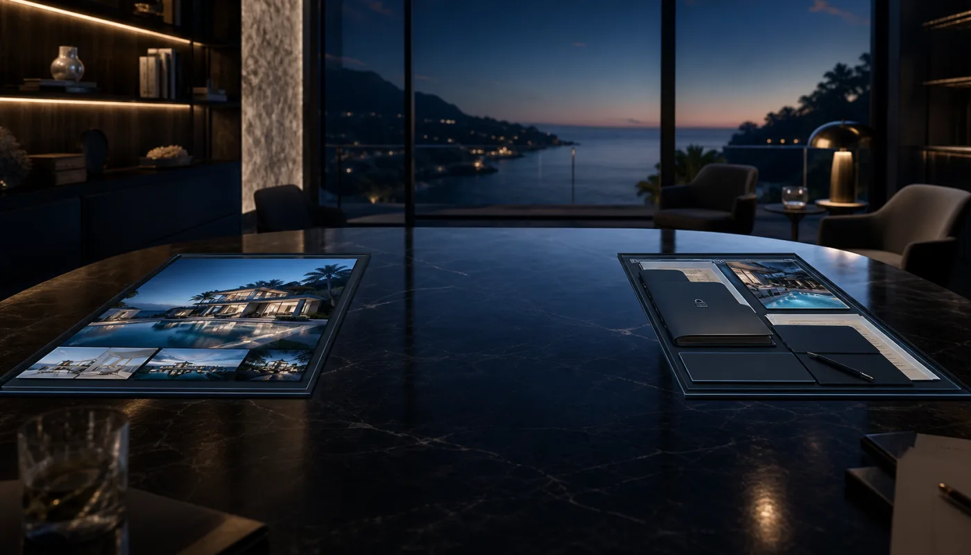 Symbolic luxury real estate decision room showing public website and private portal surfaces separated from an empty decision space