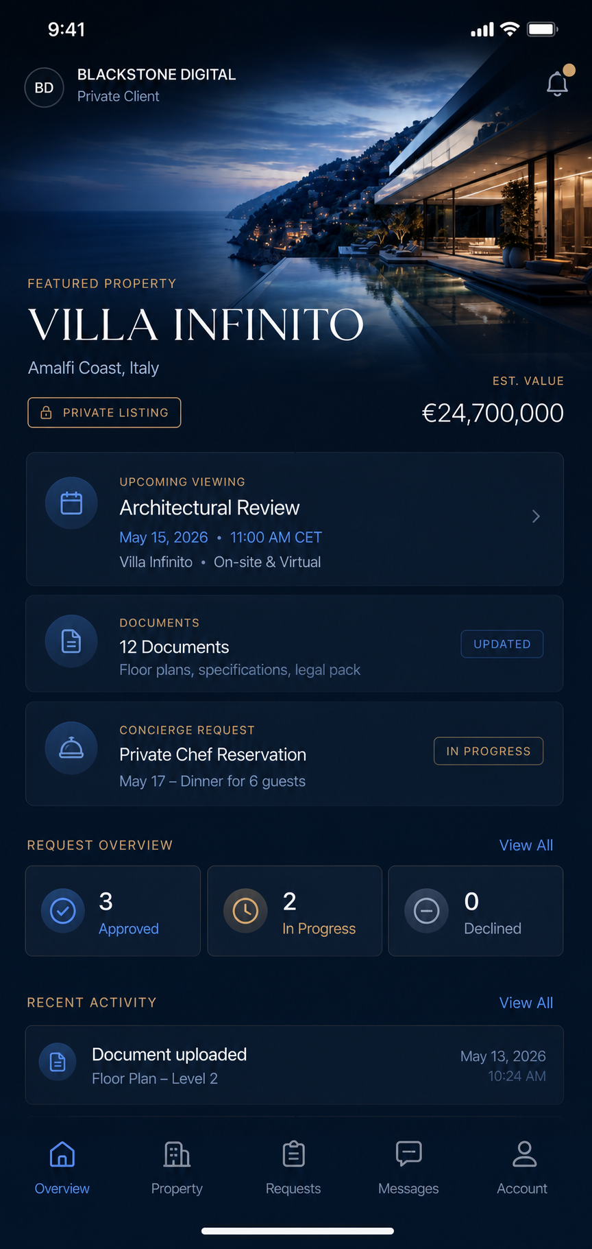 Villa Infinito luxury real estate iPhone app screen with property value, viewing schedule, documents, concierge requests and approval status