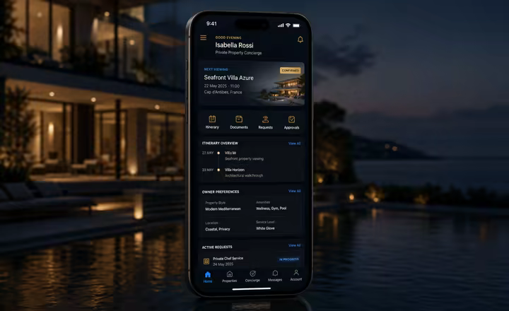 Luxury real estate iPhone app mockup showing private property concierge, viewing itinerary, documents and service requests