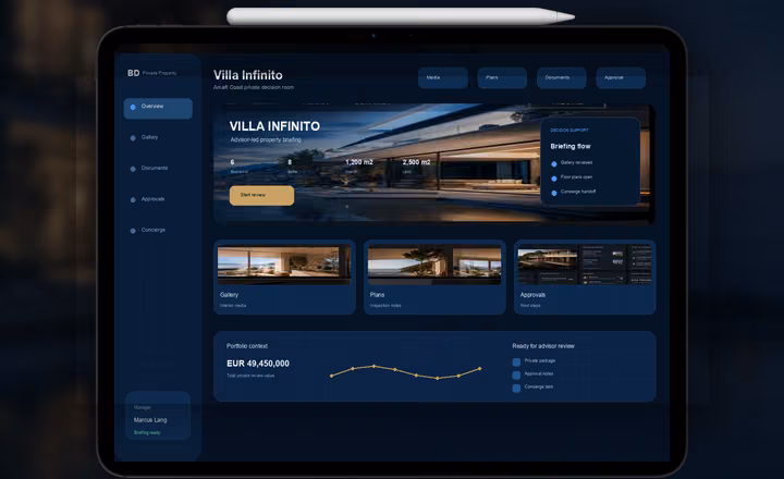 Luxury real estate iPad app mockup showing Villa Infinito property media, floor plans, approvals and concierge handoff inside a premium tablet dashboard