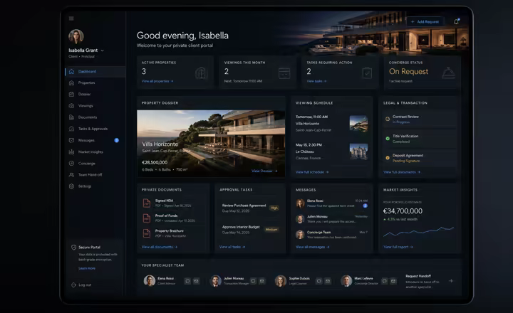 Luxury real estate client portal mockup showing private property dashboard, documents, viewing schedule and approval tasks