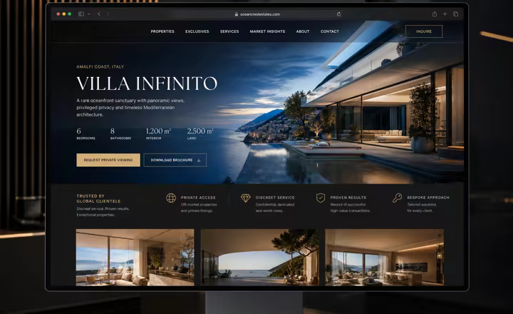 Luxury real estate website mockup showing an oceanfront villa offer page with premium property photography and inquiry modules