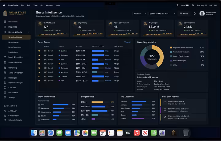 Luxury real estate Mac CRM buyer intelligence preview with segmentation and priority signals