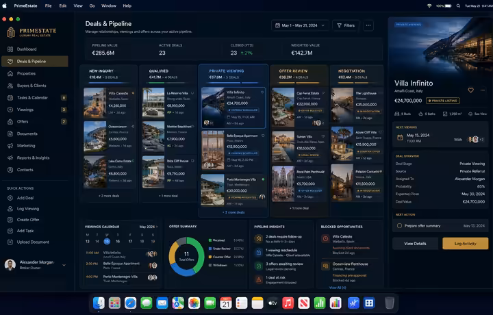Luxury real estate Mac CRM deal pipeline preview with viewing activity and curated properties