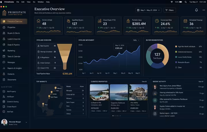 Luxury real estate Mac CRM portfolio reporting preview with property value and performance signals