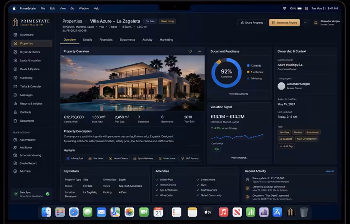 Luxury real estate Mac CRM property record preview with listing media and document status