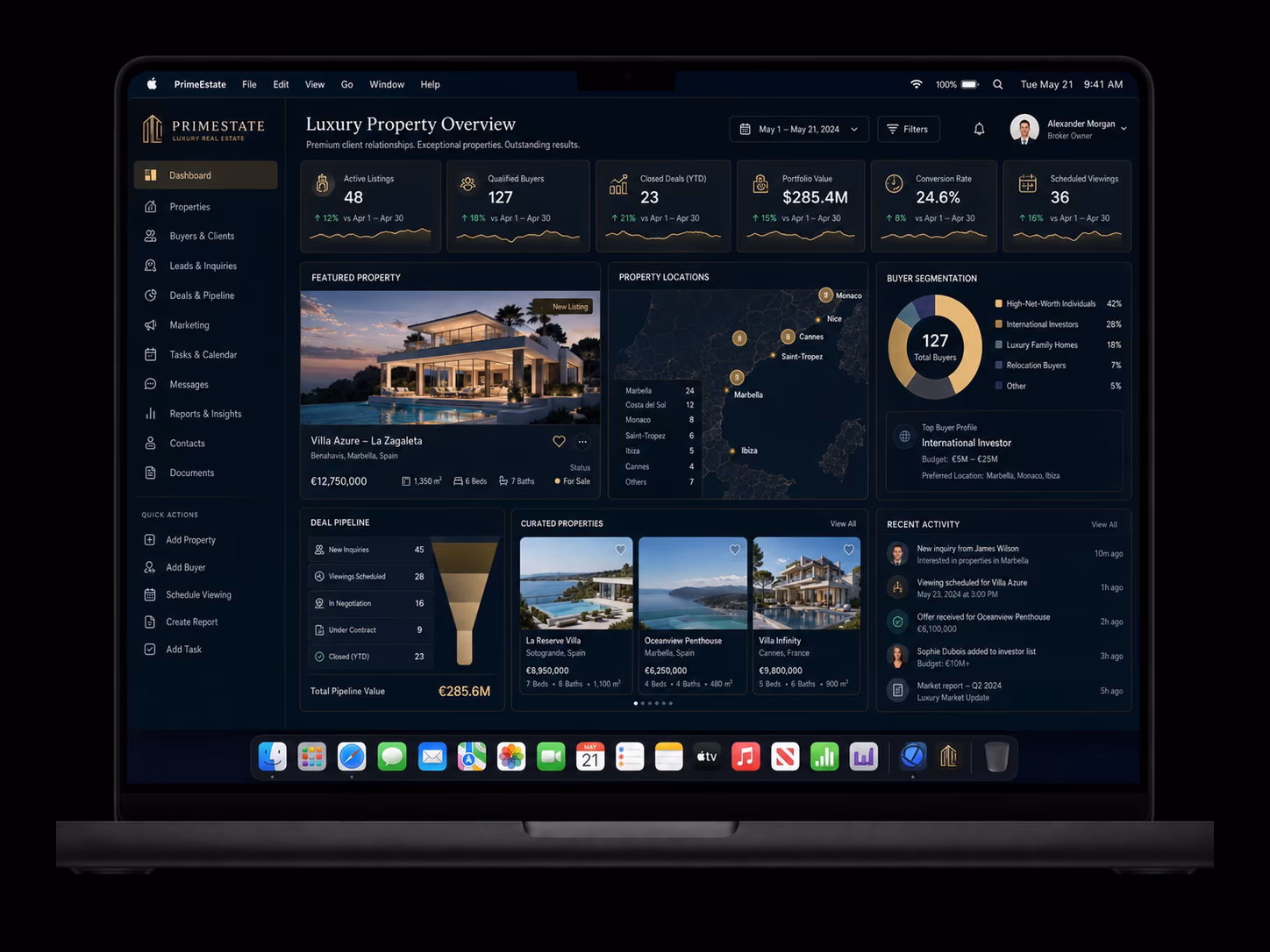 MacBook Pro showing the PrimeEstate case study for a macOS business workbench with listings, buyers, pipeline and reporting panels