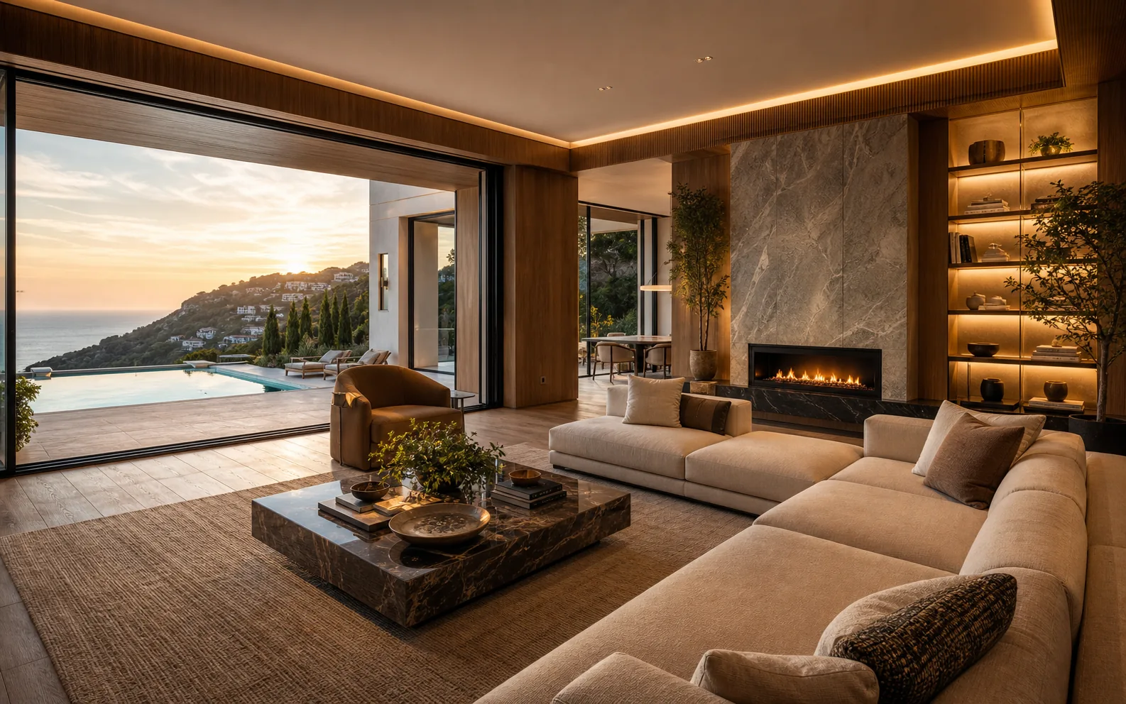Finished luxury villa living room with warm materials, furnished interior, terrace, pool view and planting for buyer visualization