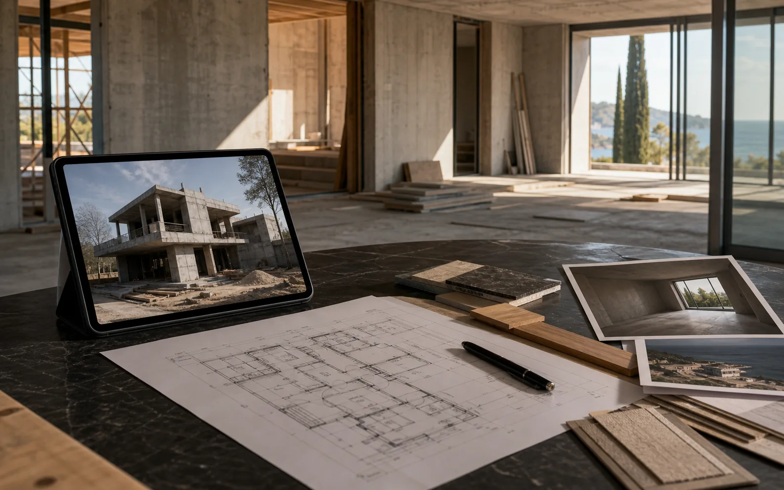 Premium villa construction review table with raw interior shell photos, floor plans and material samples as source inputs for property visualization