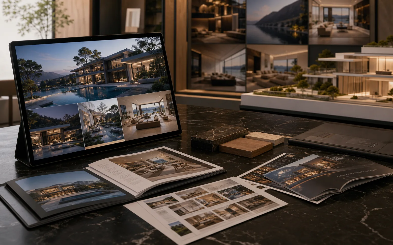 Luxury property sales presentation workspace with villa visuals, brochure layouts, listing images, presentation materials and architectural model