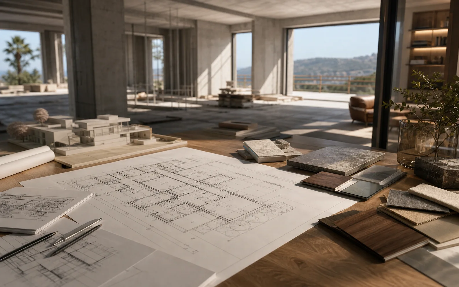 Luxury villa design table with architectural floor plans, material samples, model and raw interior context for 3D render planning