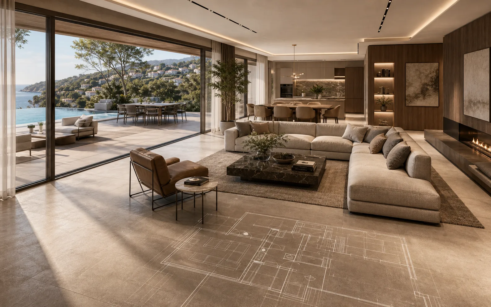 Finished luxury villa interior rendered in 3D with furniture, material warmth, terrace, pool view and floor plan lines showing room flow