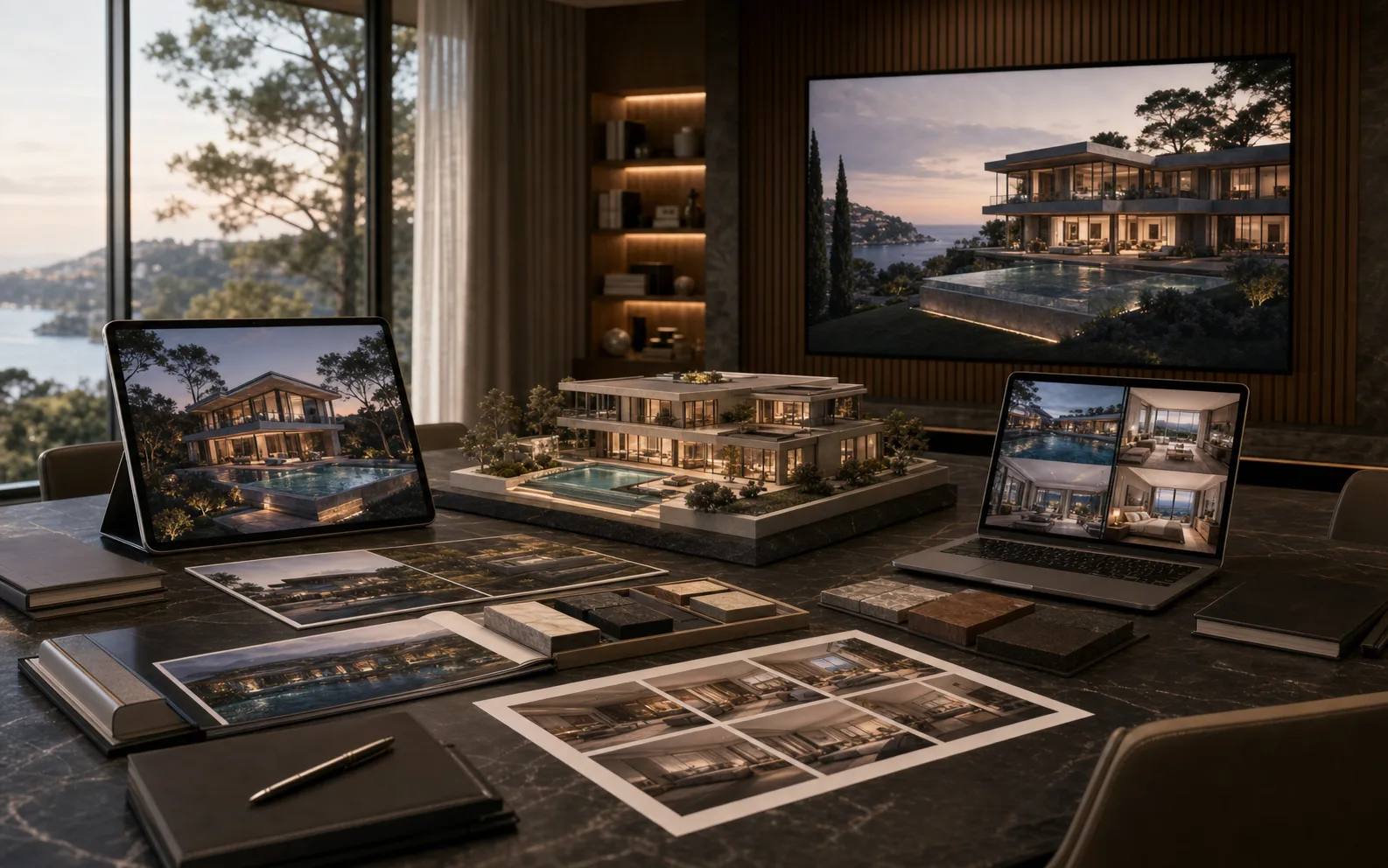 Premium real estate presentation table with villa render screens, model, printed render sheets and material samples for a sales-ready 3D presentation system