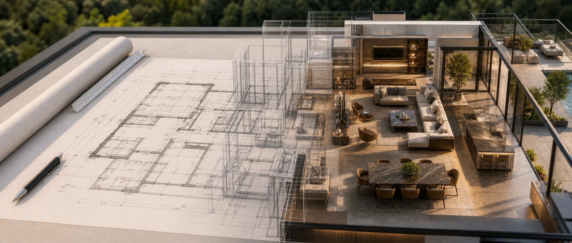 AI-assisted property planning visual showing a 2D architectural floor plan transforming into a furnished 3D interior layout