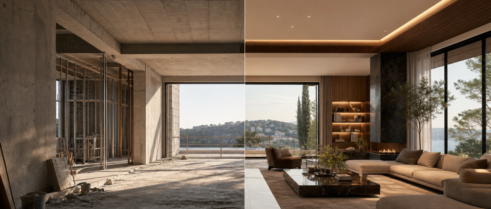 AI-based before and after villa interior illustration with unfinished raw construction on the left and a fully furnished luxury room on the right