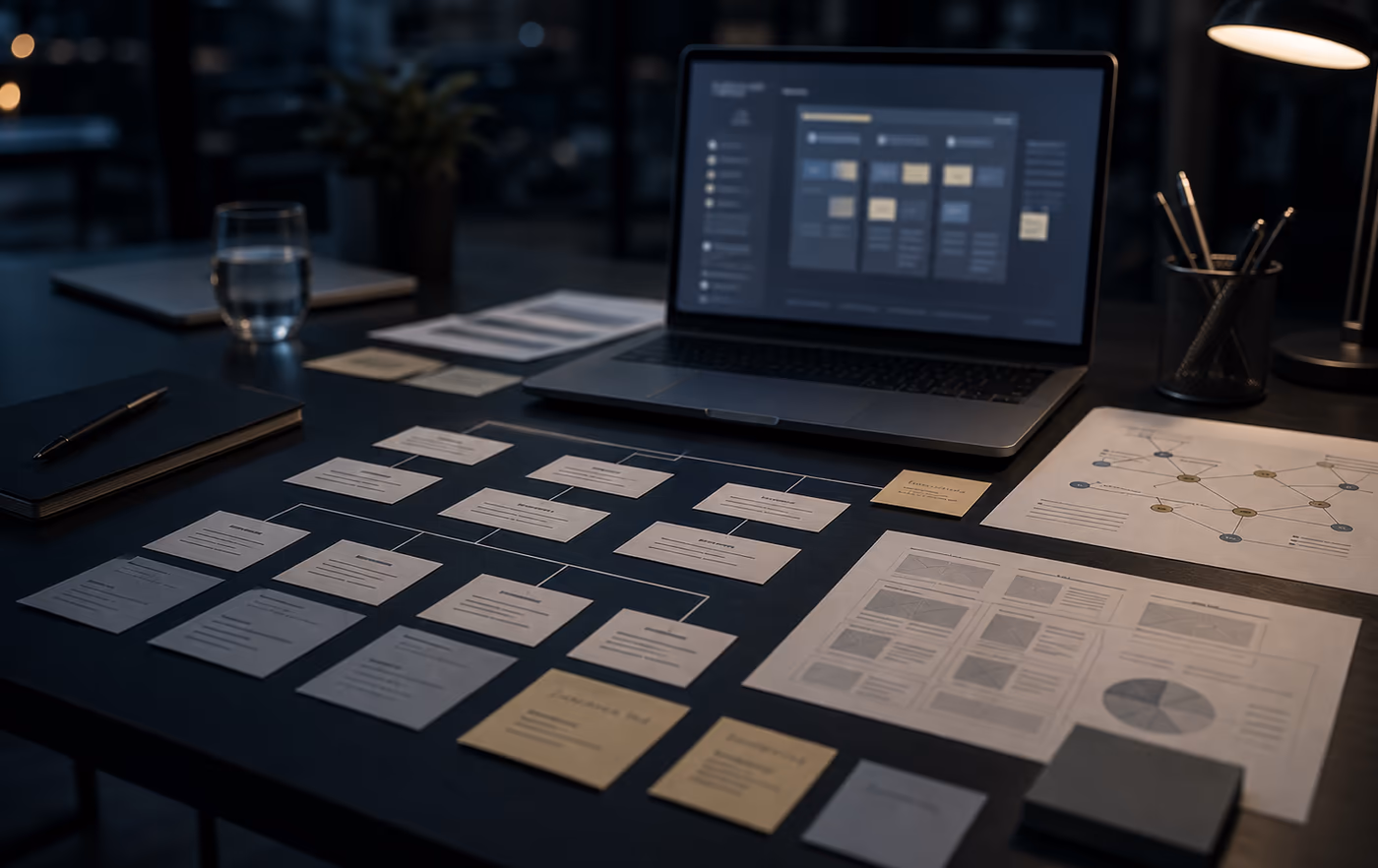 Premium dark workspace with a laptop, content architecture cards, website structure diagrams and metadata planning materials for SEO and website content strategy