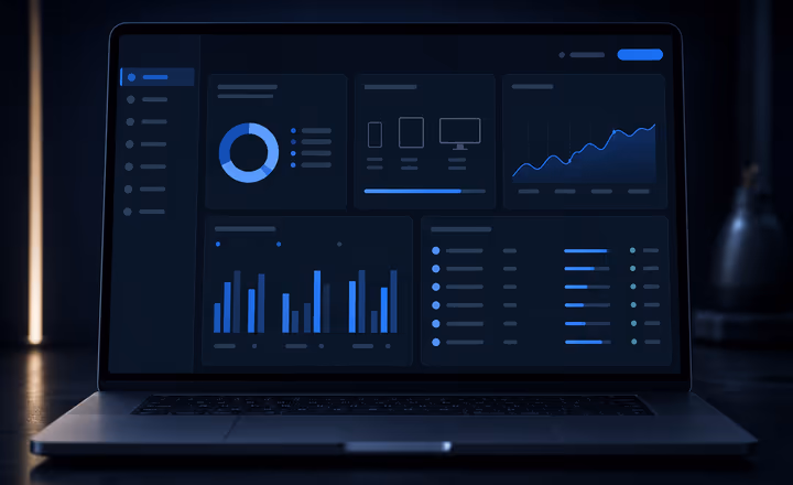 Laptop screen showing SEO measurement software with Search Console signals, query examples, device segments, content improvement tasks and inquiry quality review