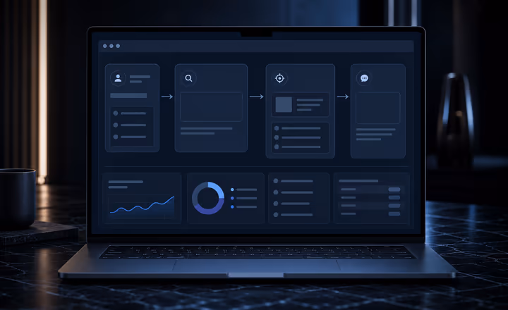 Laptop screen showing a Blackstone-style SEO content system with search intent clusters, service page examples, buyer questions, metadata tasks and FAQ opportunities