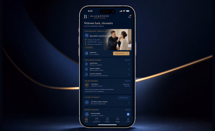 Complete Blackstone native iOS patient application shown on one fully visible iPhone