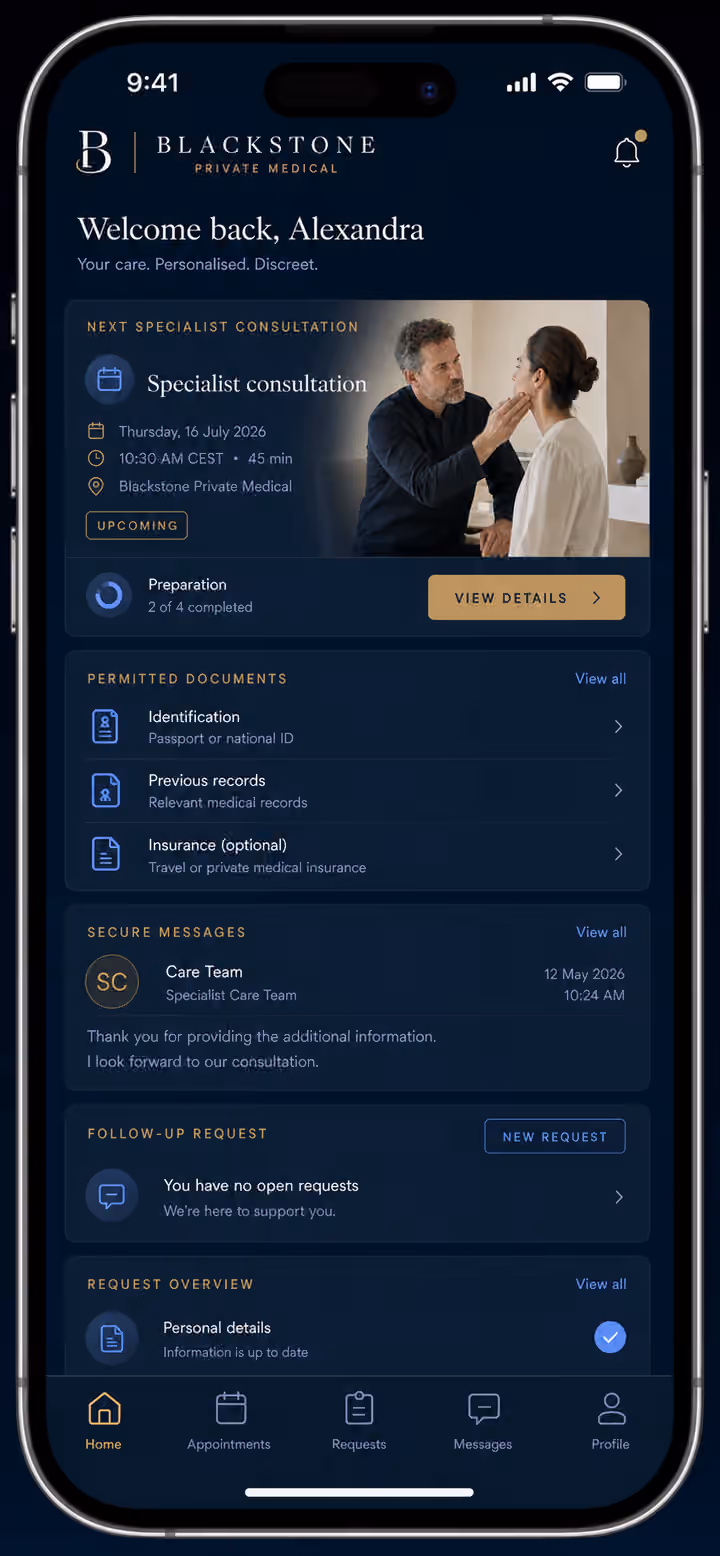 Full-screen Blackstone native iOS patient application with appointments, preparation, permitted documents and follow-up