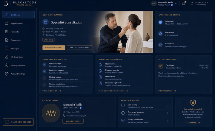 Blackstone secure patient and referrer web application concept with structured requests and status tracking